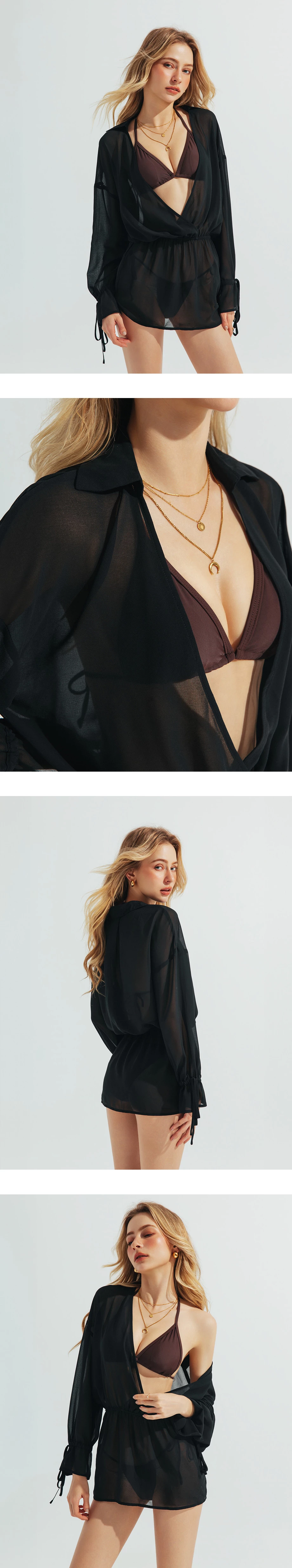 交叉開襟腰抽繩綁帶荷葉袖透膚外搭短洋裝