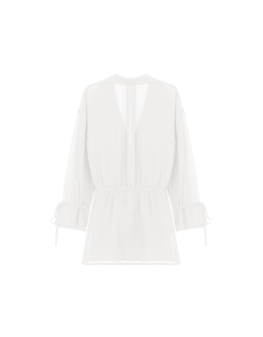 交叉開襟腰抽繩綁帶荷葉袖透膚外搭短洋裝