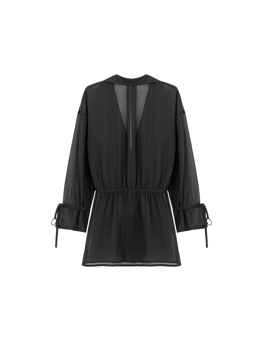 交叉開襟腰抽繩綁帶荷葉袖透膚外搭短洋裝