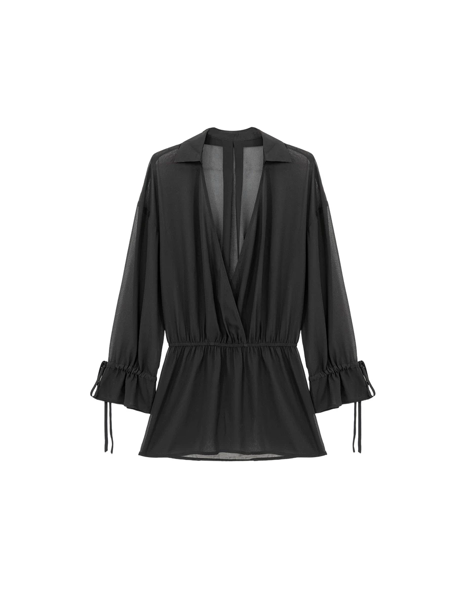 交叉開襟腰抽繩綁帶荷葉袖透膚外搭短洋裝