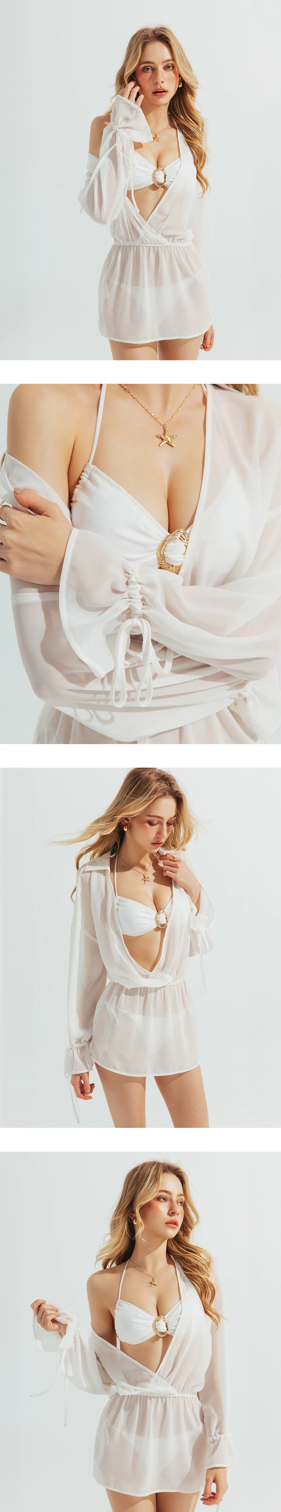 交叉開襟腰抽繩綁帶荷葉袖透膚外搭短洋裝