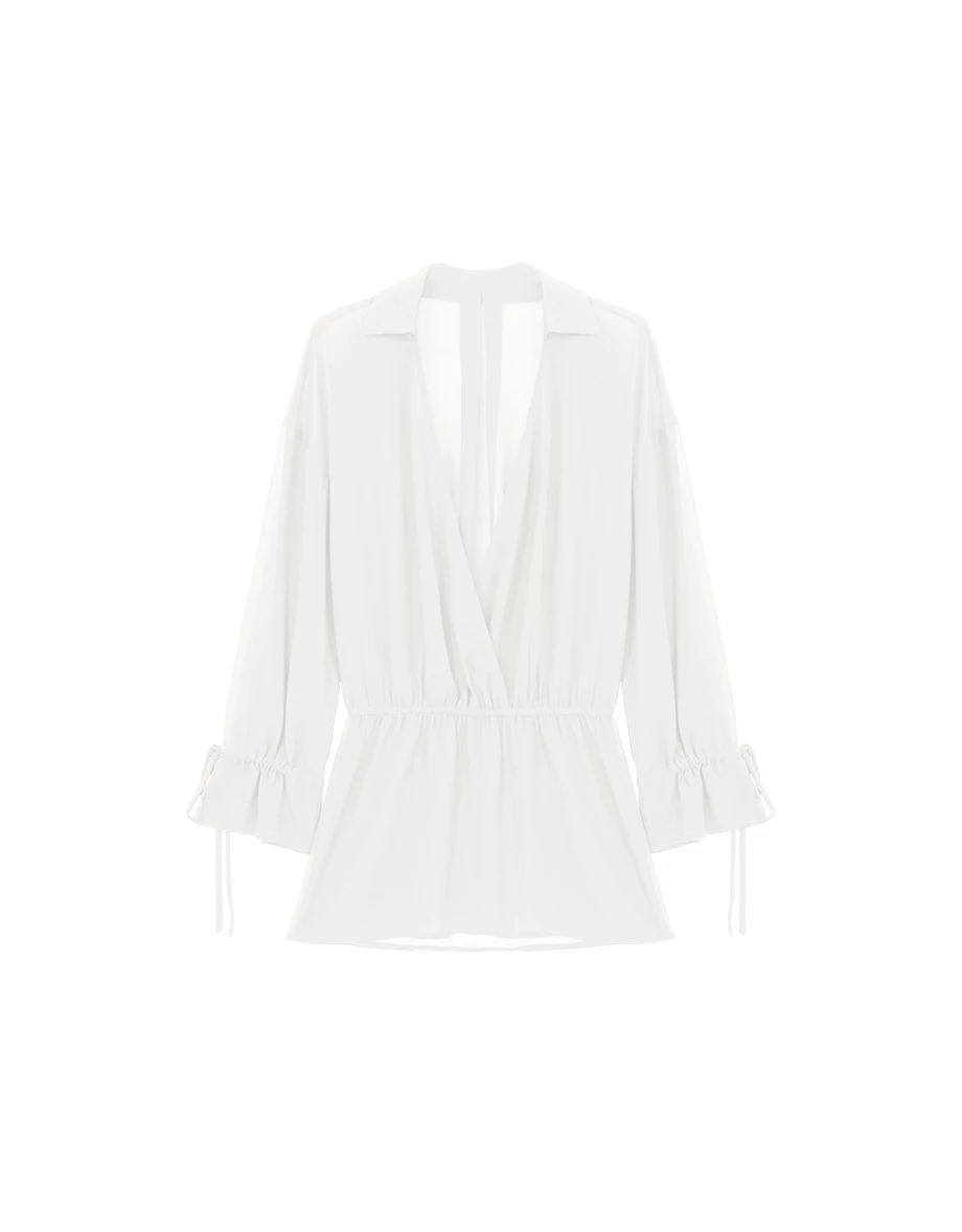 交叉開襟腰抽繩綁帶荷葉袖透膚外搭短洋裝