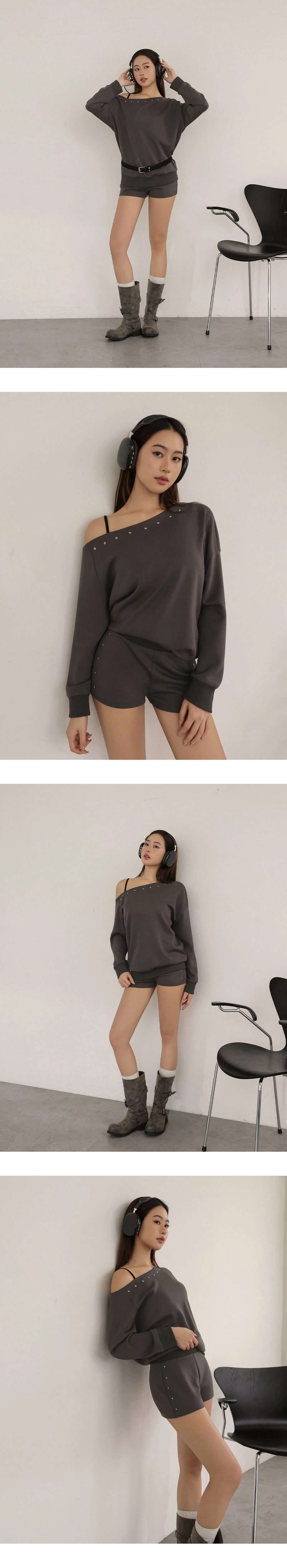 Asymmetric Neck Studded Trim Oversized Sweatshirt Top Asymmetric Neck Studded Trim Oversized Sweatshirt Top