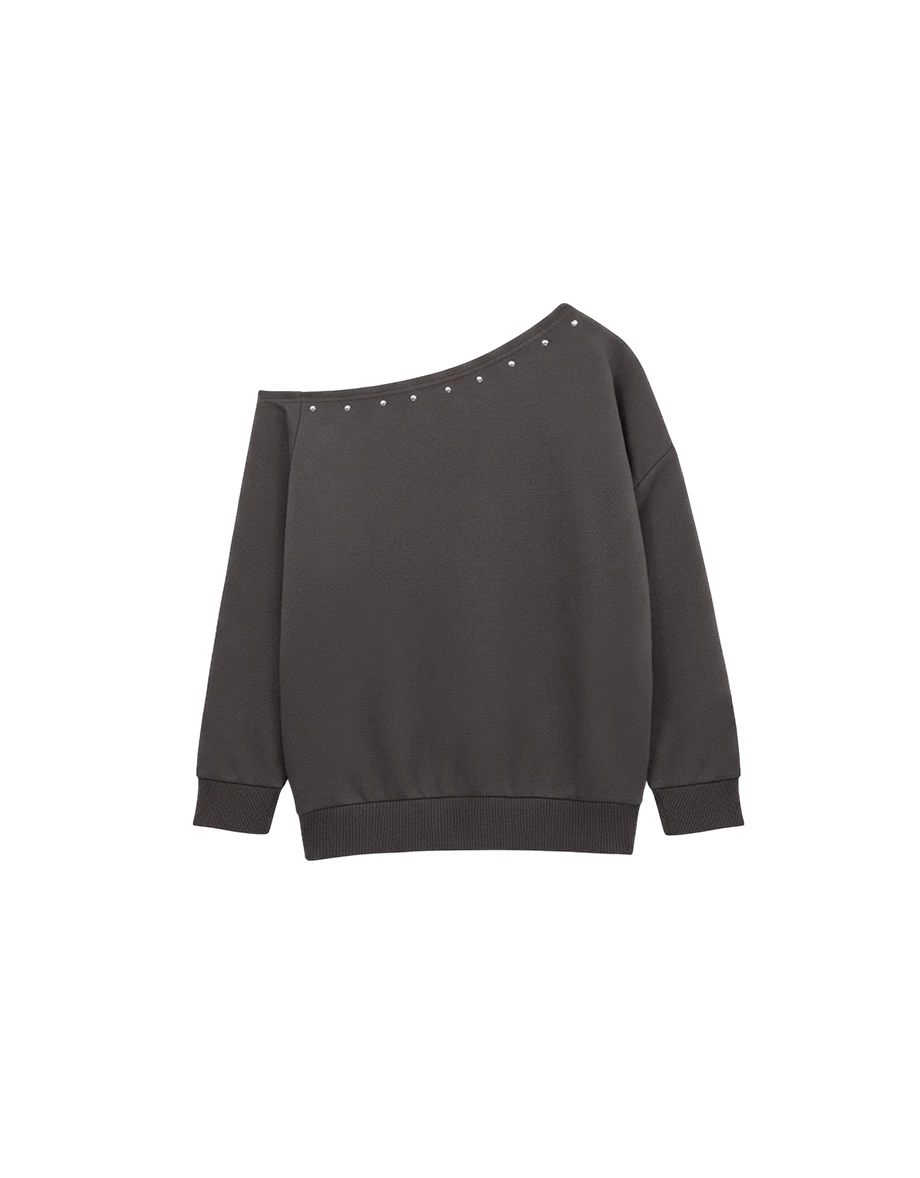 Asymmetric Neck Studded Trim Oversized Sweatshirt Top