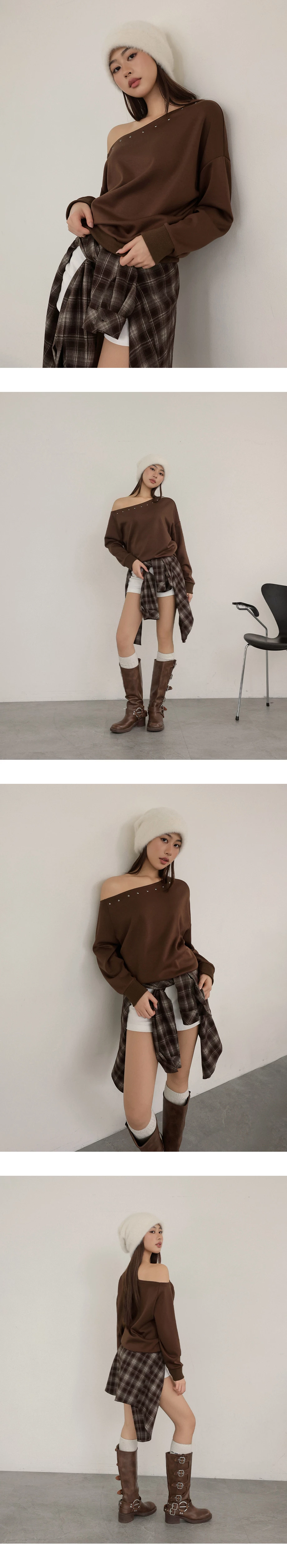 Asymmetric Neck Studded Trim Oversized Sweatshirt Top Asymmetric Neck Studded Trim Oversized Sweatshirt Top