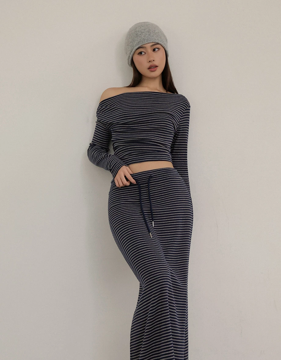 Asymmetrical Neck Ruched Stripe Long Sleeve Top Asymmetrical Neck Ruched Stripe Long Sleeve Top