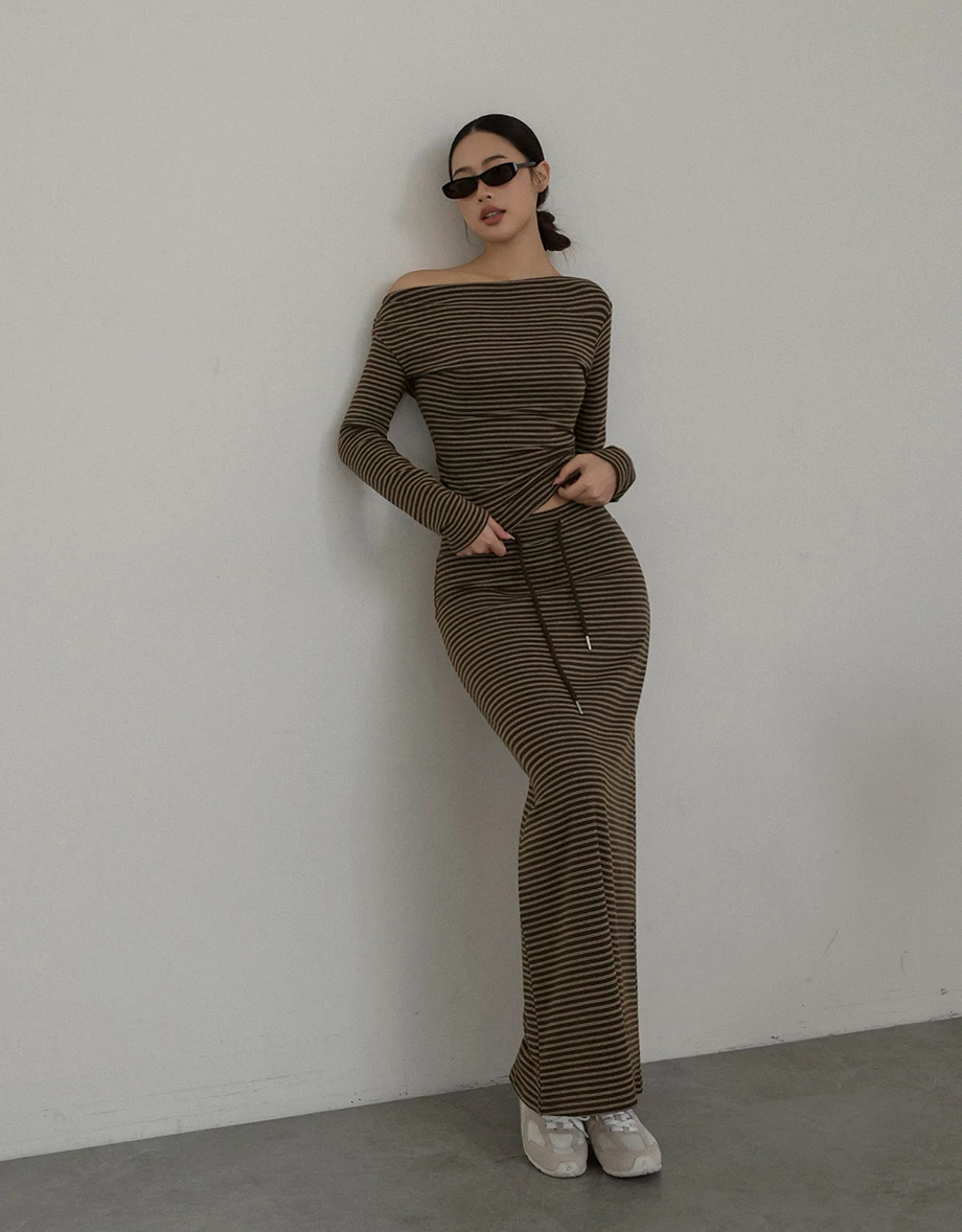 Asymmetrical Neck Ruched Stripe Long Sleeve Top Asymmetrical Neck Ruched Stripe Long Sleeve Top