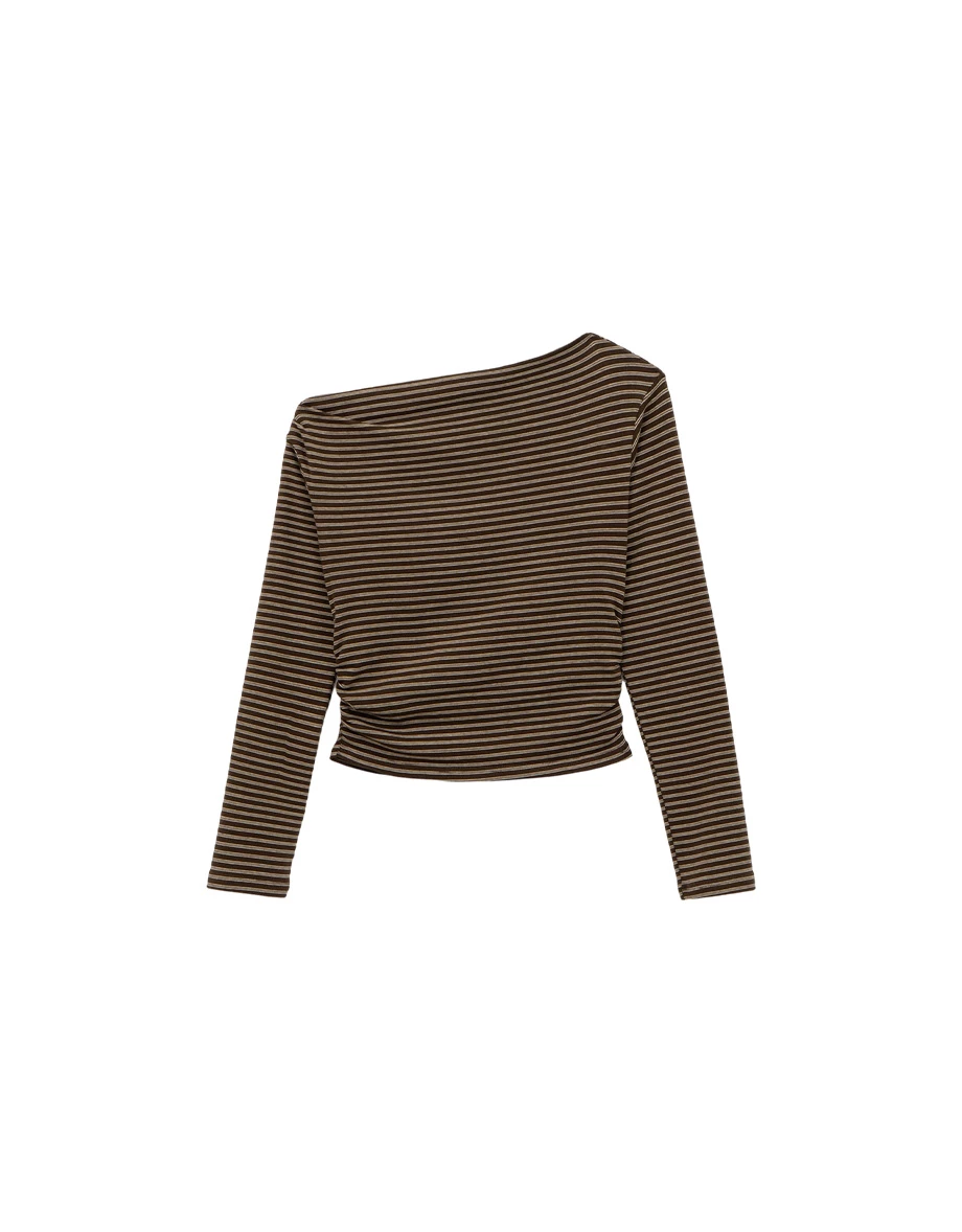 Asymmetrical Neck Ruched Stripe Long Sleeve Top