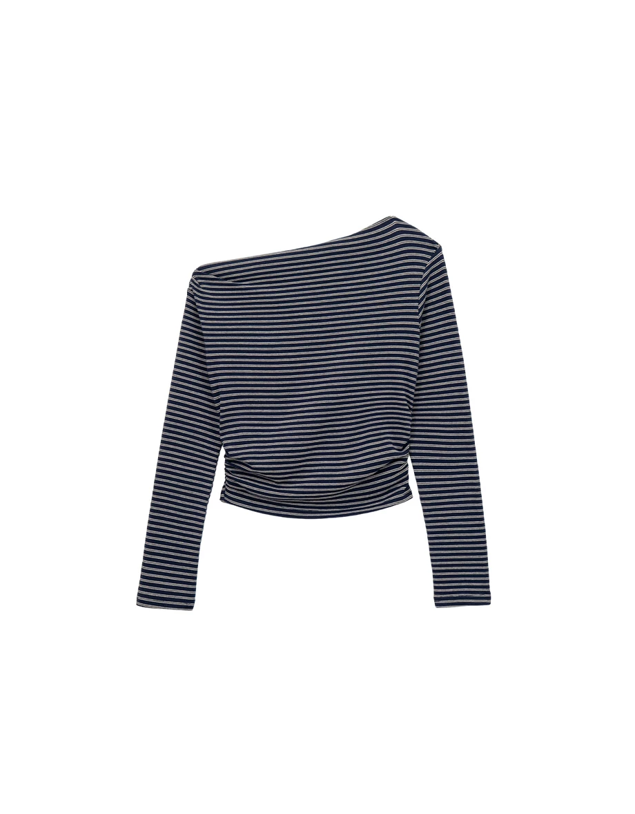 Asymmetrical Neck Ruched Stripe Long Sleeve Top Asymmetrical Neck Ruched Stripe Long Sleeve Top