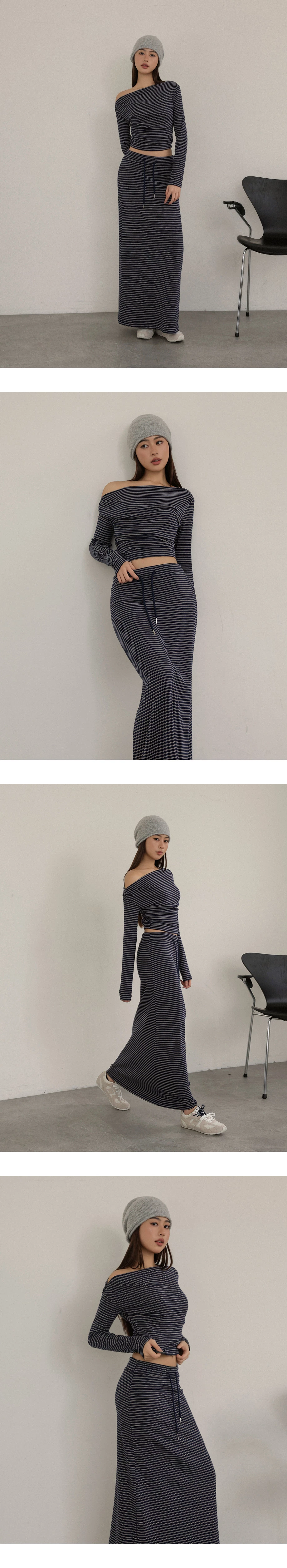 Asymmetrical Neck Ruched Stripe Long Sleeve Top Asymmetrical Neck Ruched Stripe Long Sleeve Top