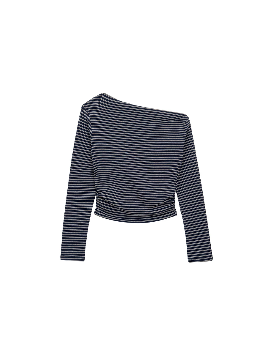 Asymmetrical Neck Ruched Stripe Long Sleeve Top Asymmetrical Neck Ruched Stripe Long Sleeve Top