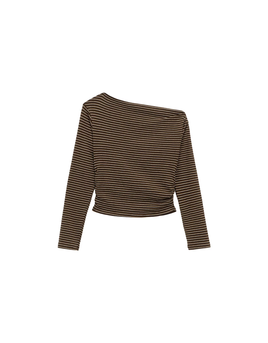 Asymmetrical Neck Ruched Stripe Long Sleeve Top Asymmetrical Neck Ruched Stripe Long Sleeve Top