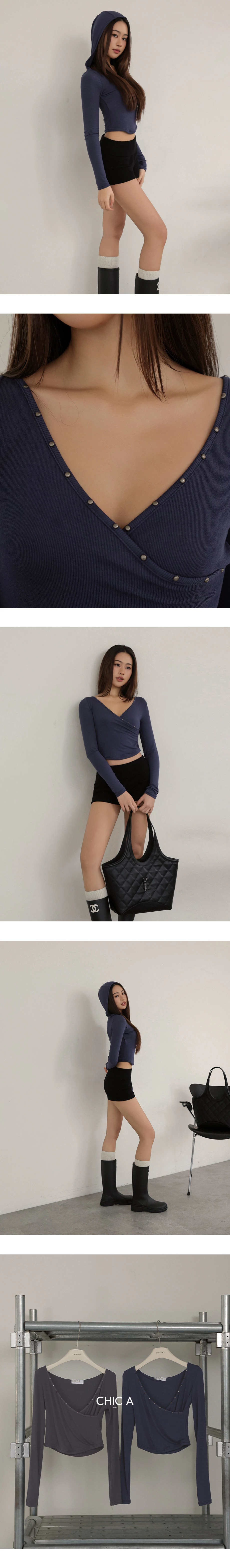 Studded Trim Wrap Front V Neck Ribbed Crop Top