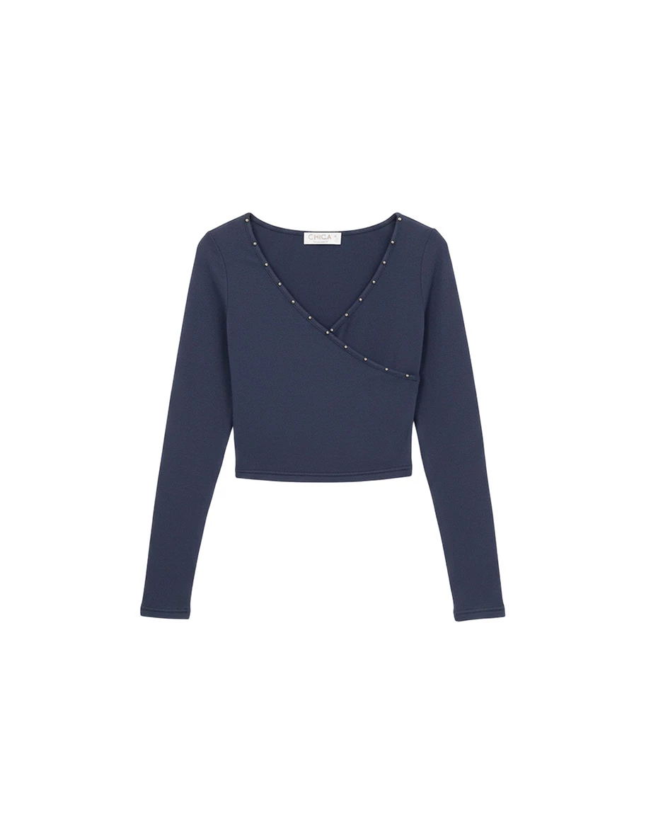 Studded Trim Wrap Front V Neck Ribbed Crop Top