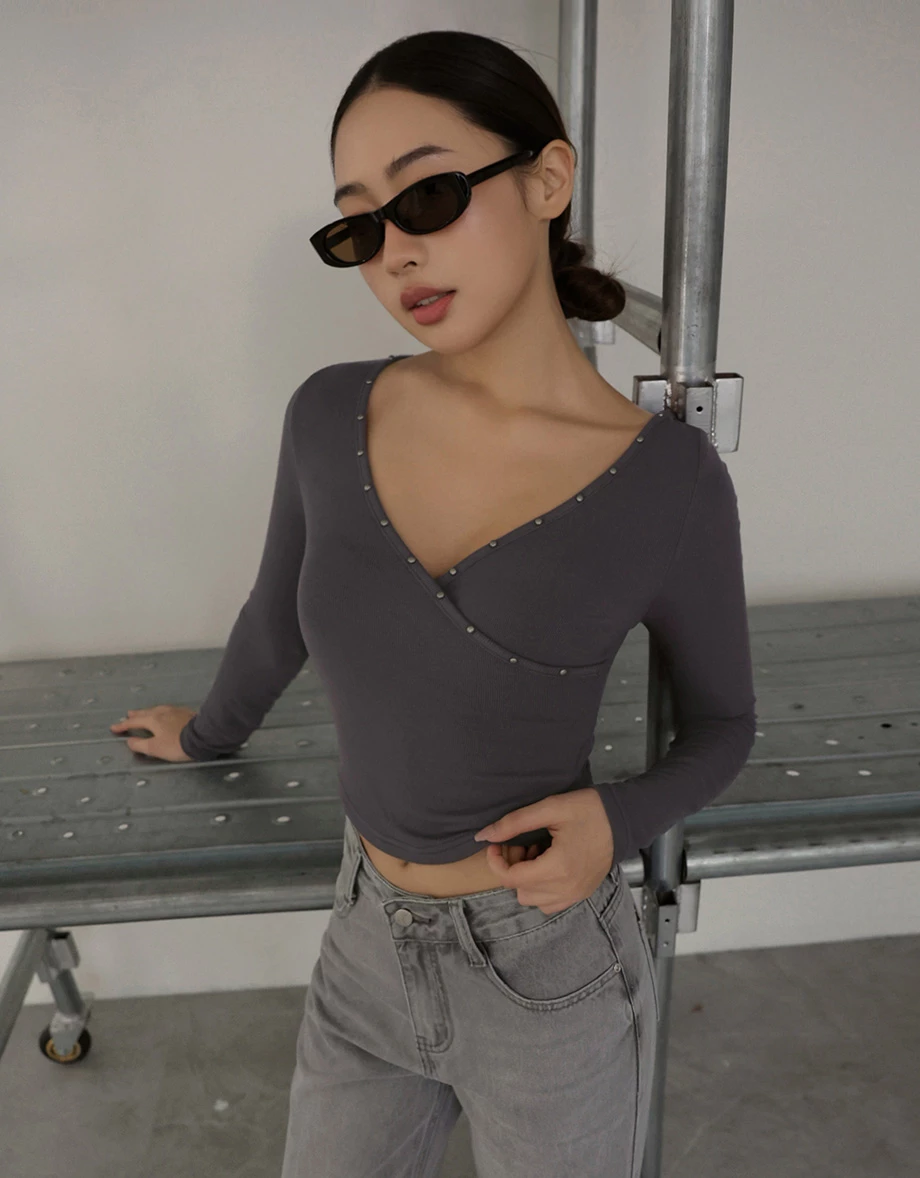 Studded Trim Wrap Front V Neck Ribbed Crop Top