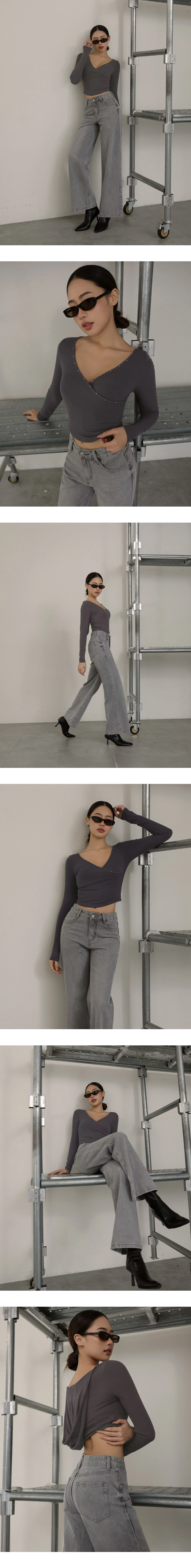 Studded Trim Wrap Front V Neck Ribbed Crop Top