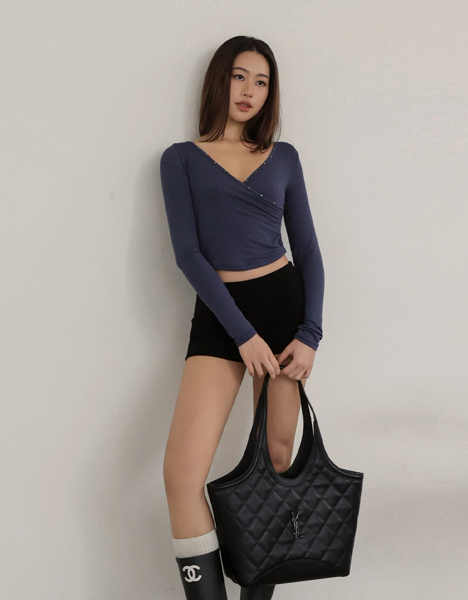 Studded Trim Wrap Front V Neck Ribbed Crop Top