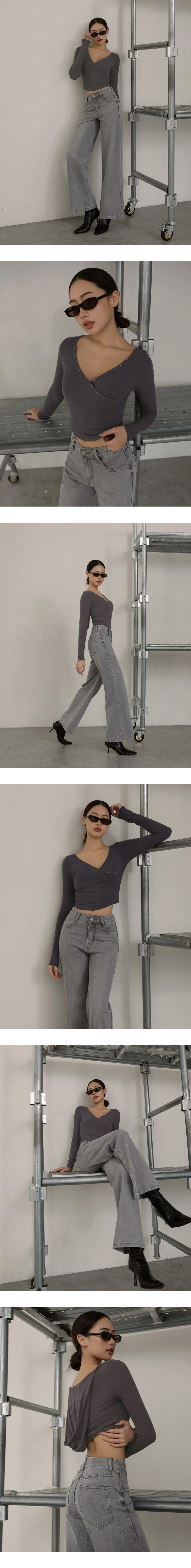 Studded Trim Wrap Front V Neck Ribbed Crop Top