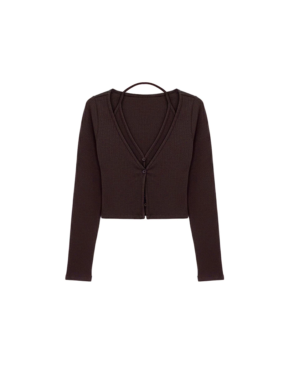 Faux 2 Piece Halter V Neck Button Front Ribbed Cardigan