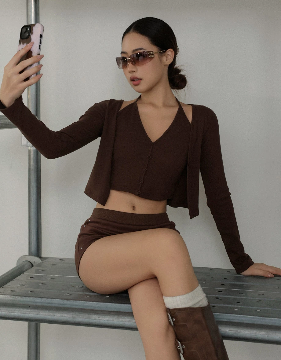 Faux 2 Piece Halter V Neck Button Front Ribbed Cardigan