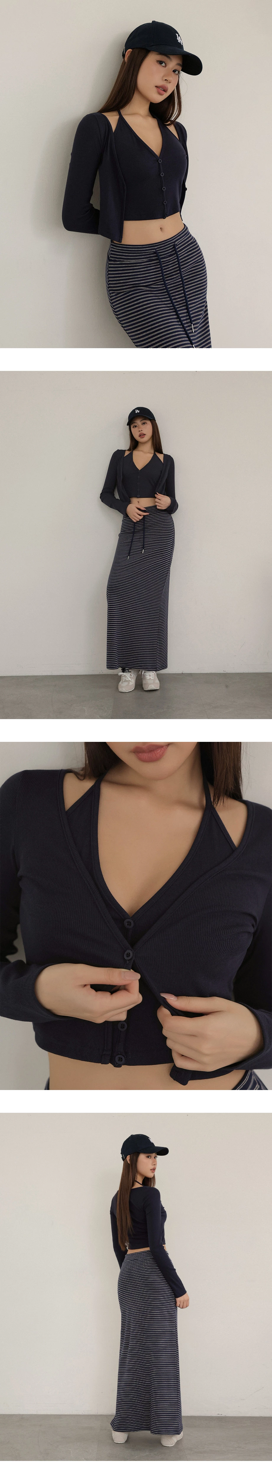 Faux 2 Piece Halter V Neck Button Front Ribbed Cardigan Faux 2 Piece Halter V Neck Button Front Ribbed Cardigan