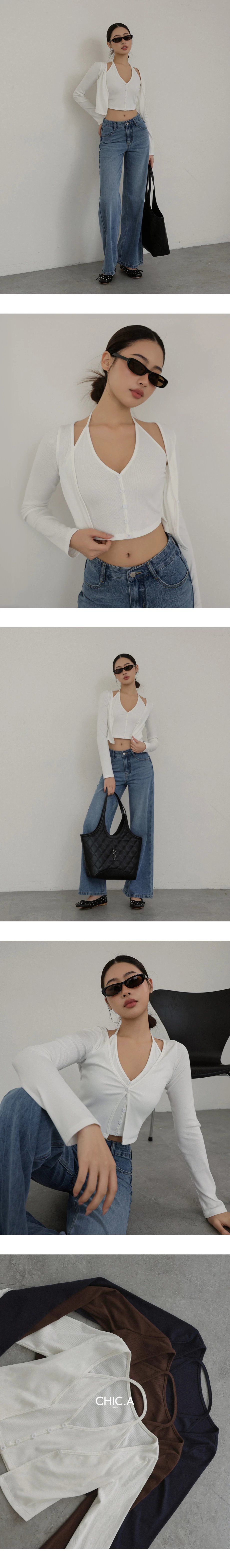 Faux 2 Piece Halter V Neck Button Front Ribbed Cardigan Faux 2 Piece Halter V Neck Button Front Ribbed Cardigan