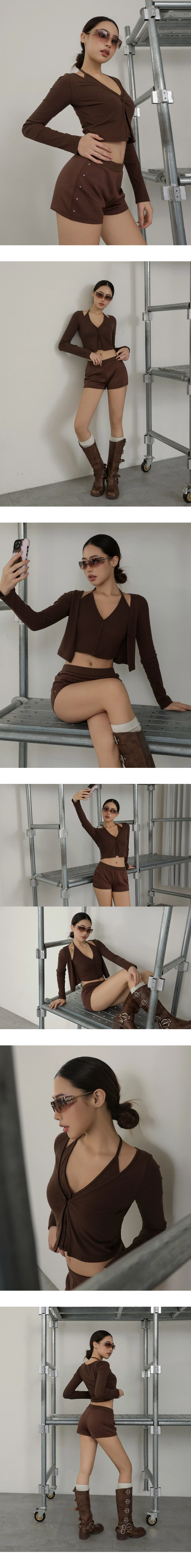 Faux 2 Piece Halter V Neck Button Front Ribbed Cardigan