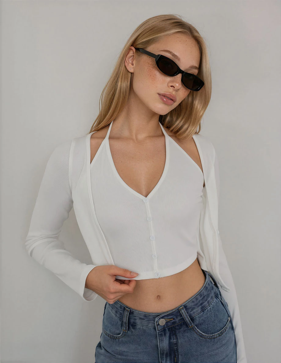 Faux 2 Piece Halter V Neck Button Front Ribbed Cardigan