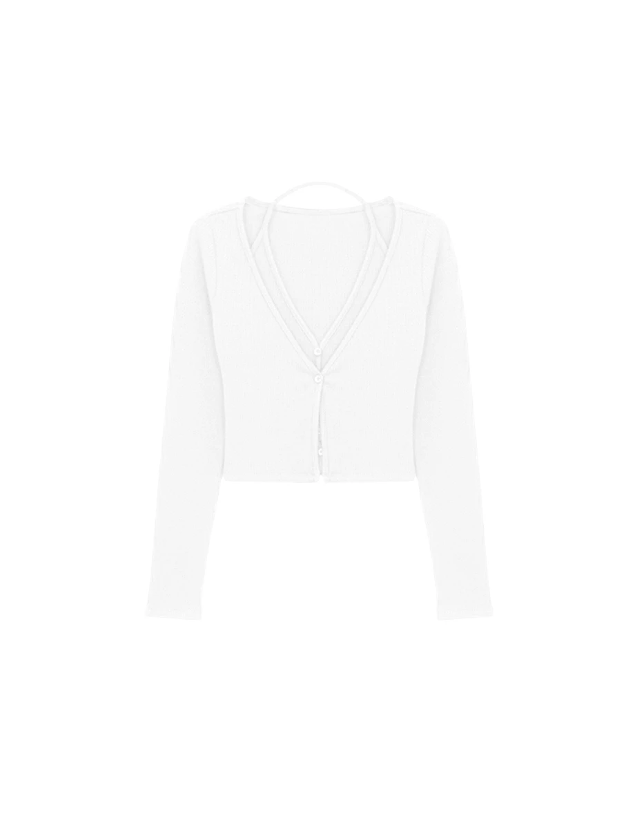 Faux 2 Piece Halter V Neck Button Front Ribbed Cardigan