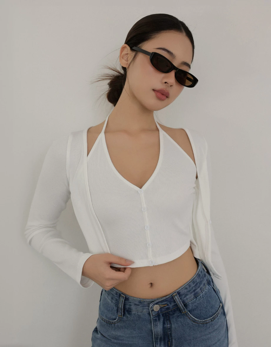 Faux 2 Piece Halter V Neck Button Front Ribbed Cardigan