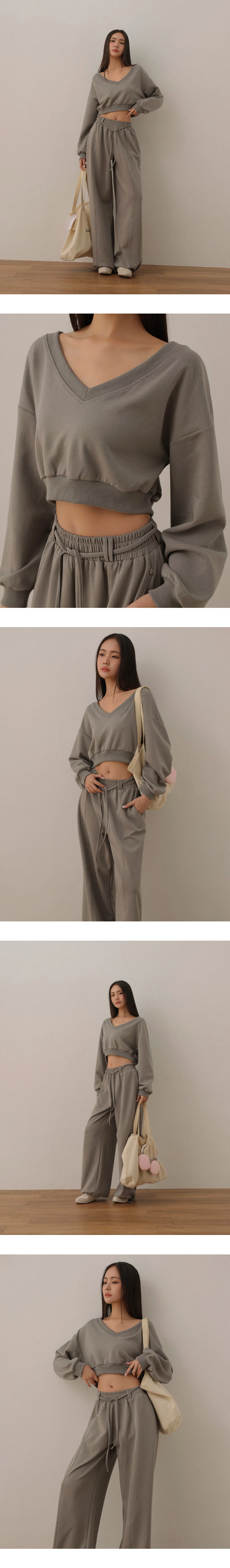 Overseized V Neck Cropped Sweatshirt with Ribbed Hem