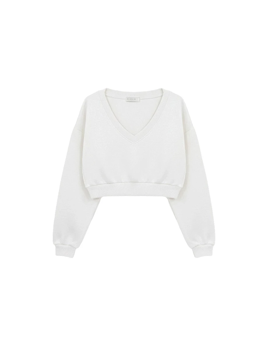 Overseized V Neck Cropped Sweatshirt with Ribbed Hem