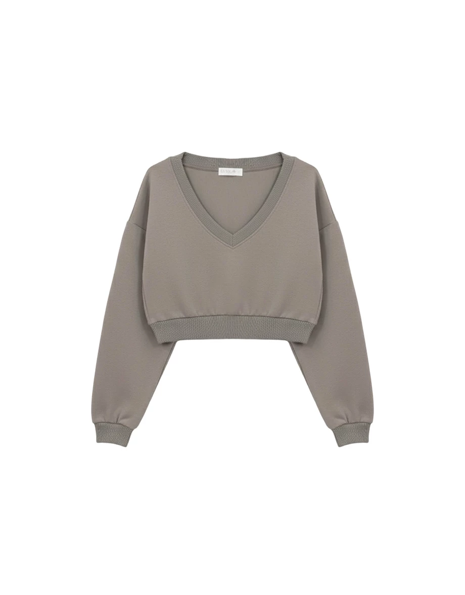 Overseized V Neck Cropped Sweatshirt with Ribbed Hem