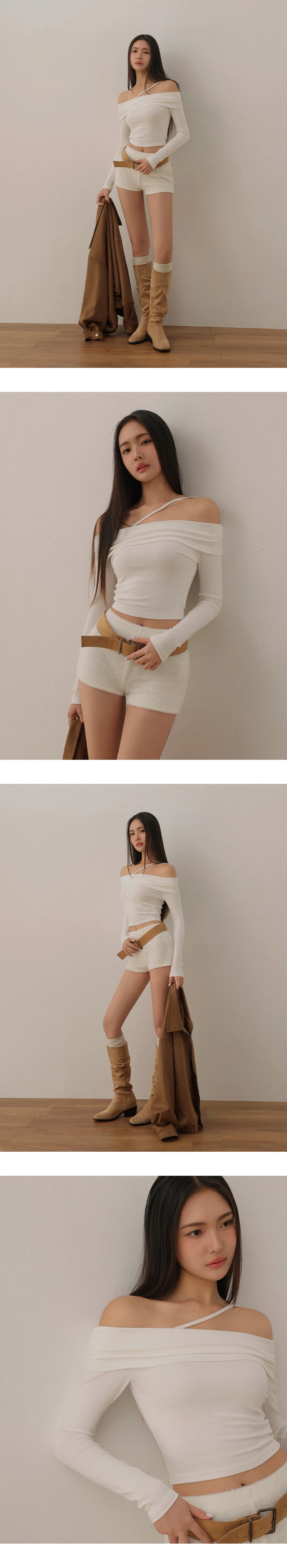 Asymmetrical Halter Strap Off Shoulder Long Sleeve Top