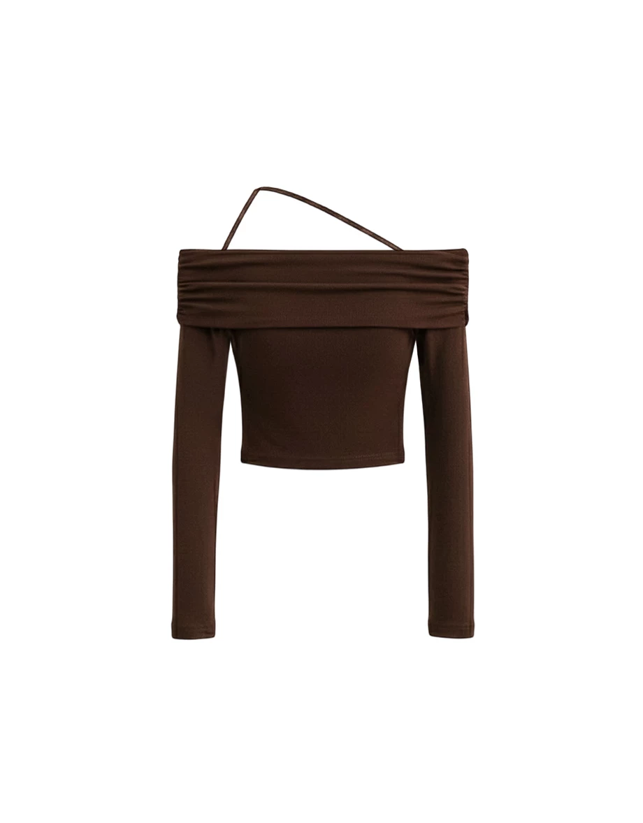 Asymmetrical Halter Strap Off Shoulder Long Sleeve Top