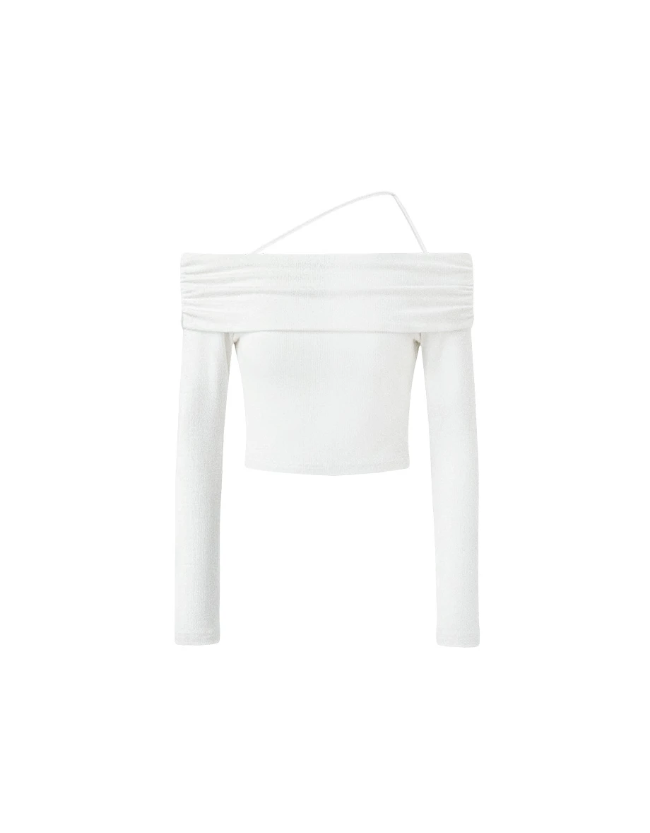 Asymmetrical Halter Strap Off Shoulder Long Sleeve Top