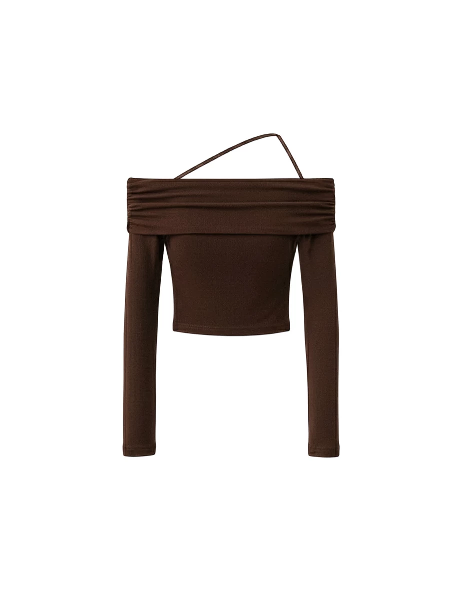 Asymmetrical Halter Strap Off Shoulder Long Sleeve Top