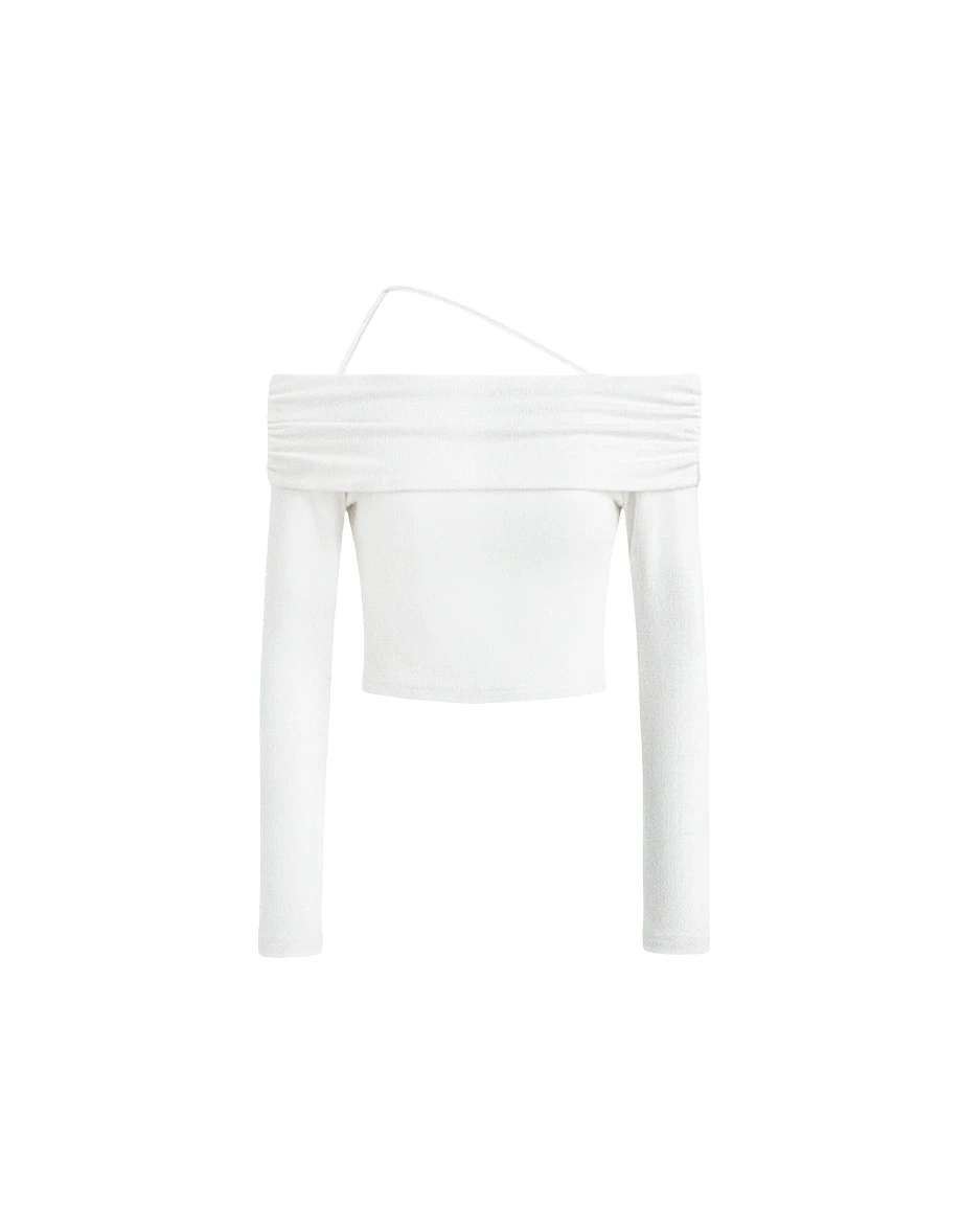 Asymmetrical Halter Strap Off Shoulder Long Sleeve Top