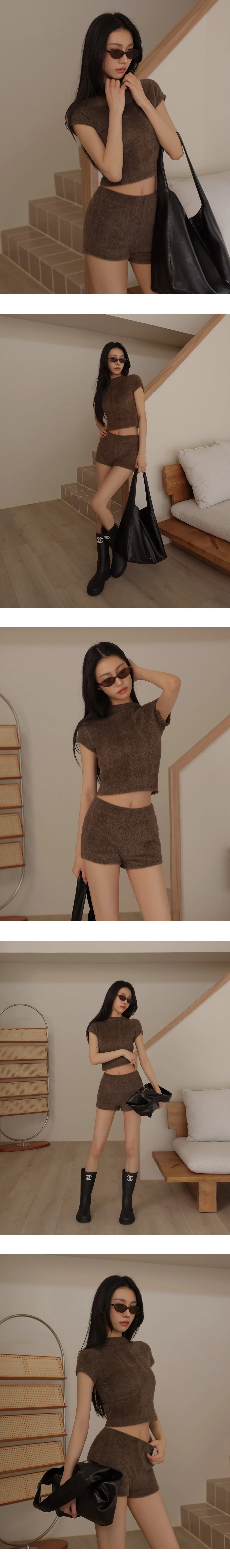 立領短袖絨毛短版上衣