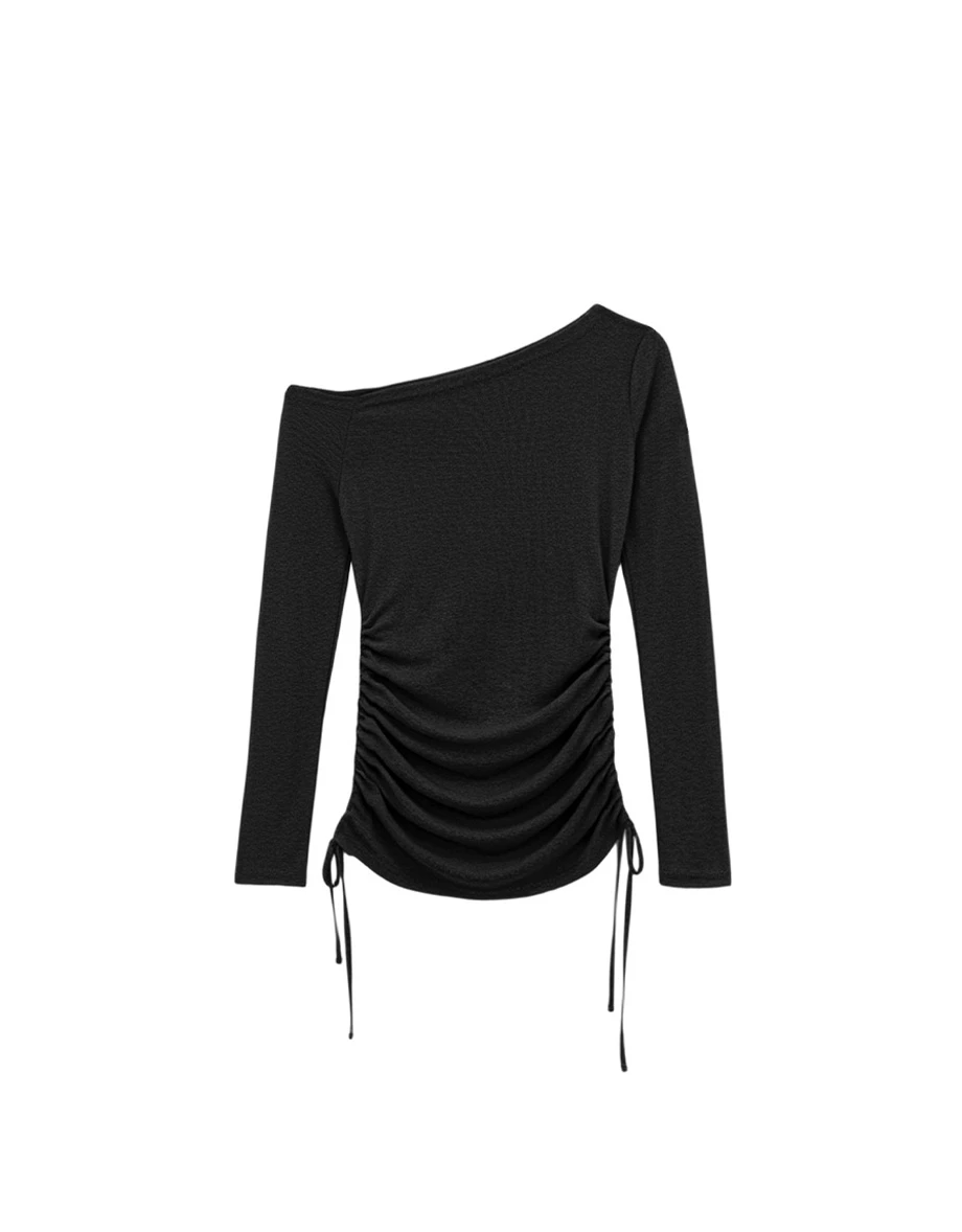 Asymmetrical Off Shoulder Sheer Top with Double Side Drawstrings