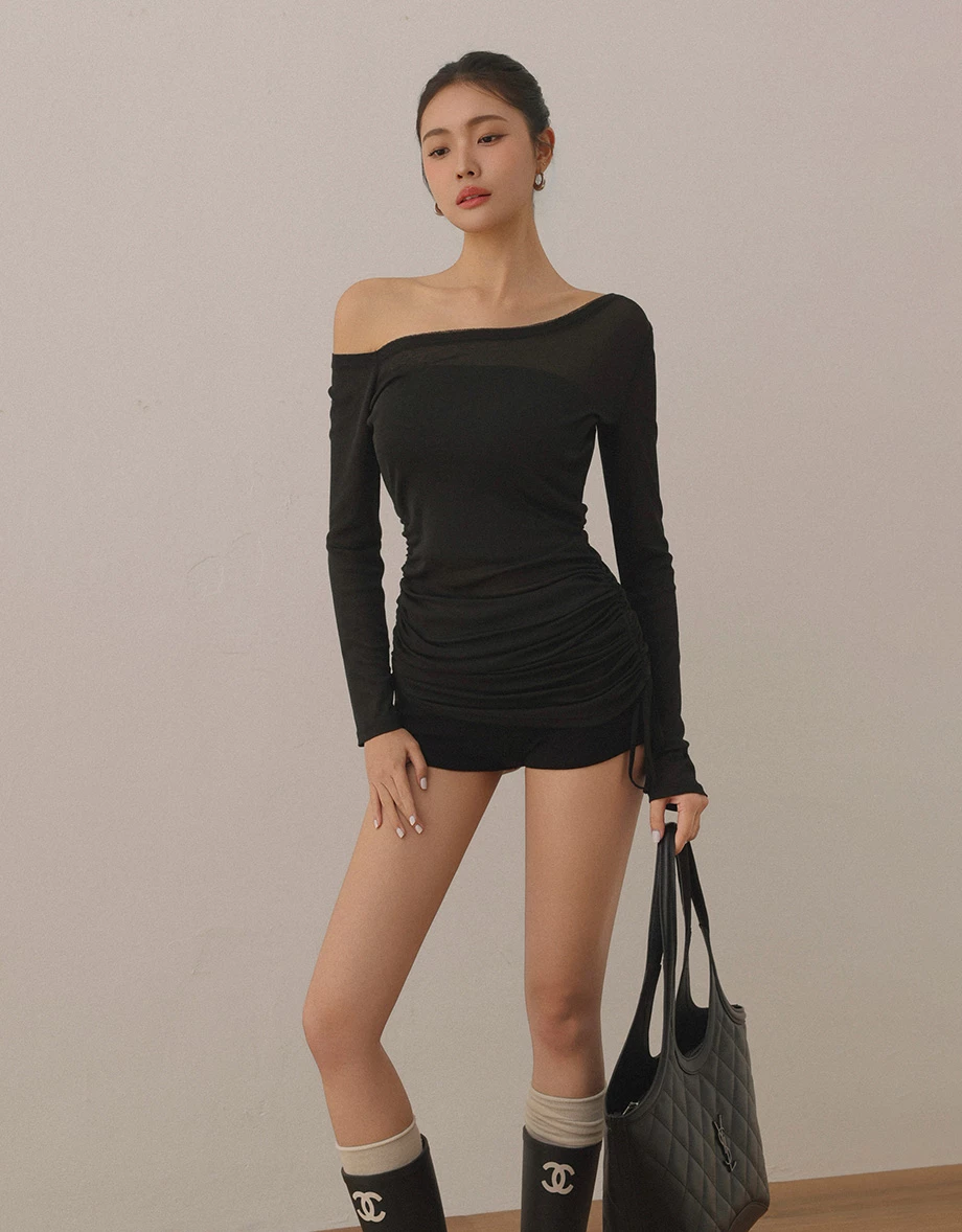 Asymmetrical Off Shoulder Sheer Top with Double Side Drawstrings