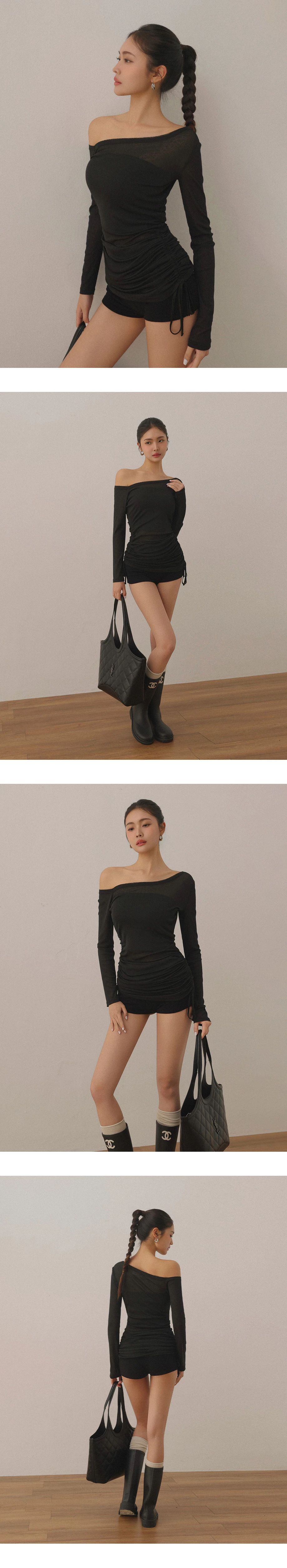 Asymmetrical Off Shoulder Sheer Top with Double Side Drawstrings