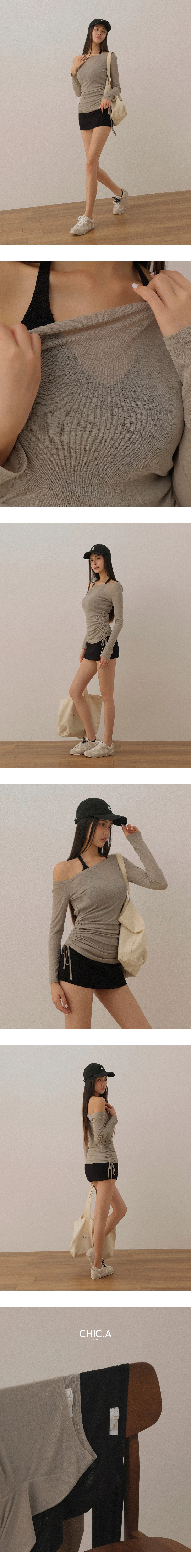 Asymmetrical Off Shoulder Sheer Top with Double Side Drawstrings