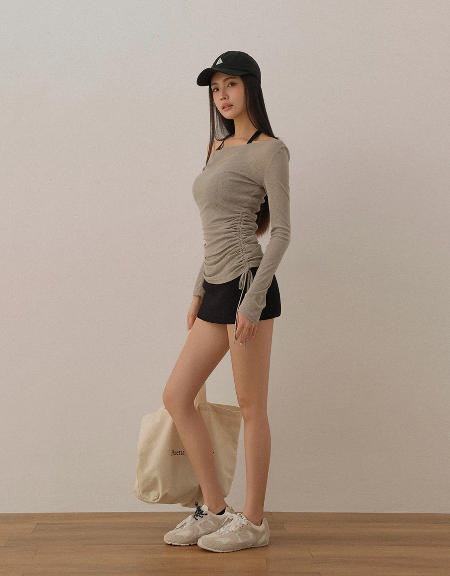 Asymmetrical Off Shoulder Sheer Top with Double Side Drawstrings