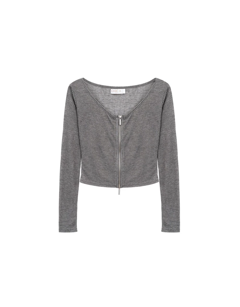 圓領長袖雙頭拉鍊開襟短版羅紋針織衫