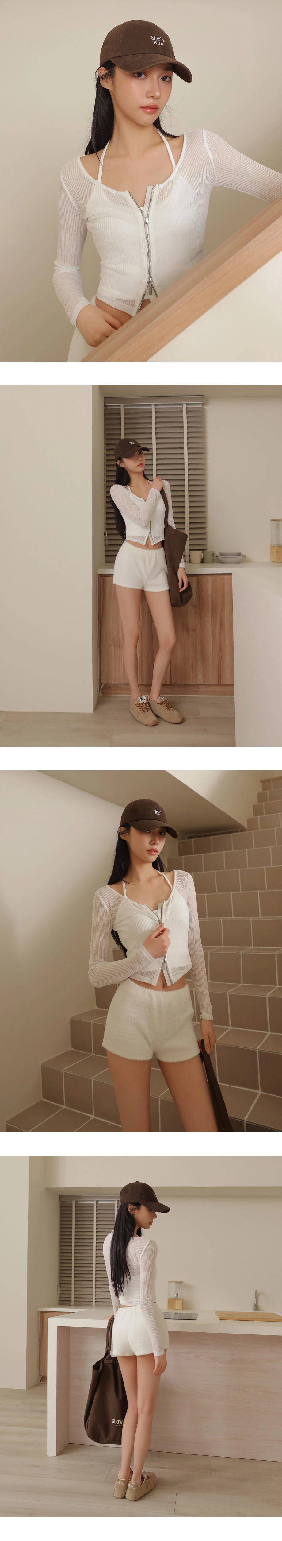 圓領長袖雙頭拉鍊開襟短版羅紋針織衫