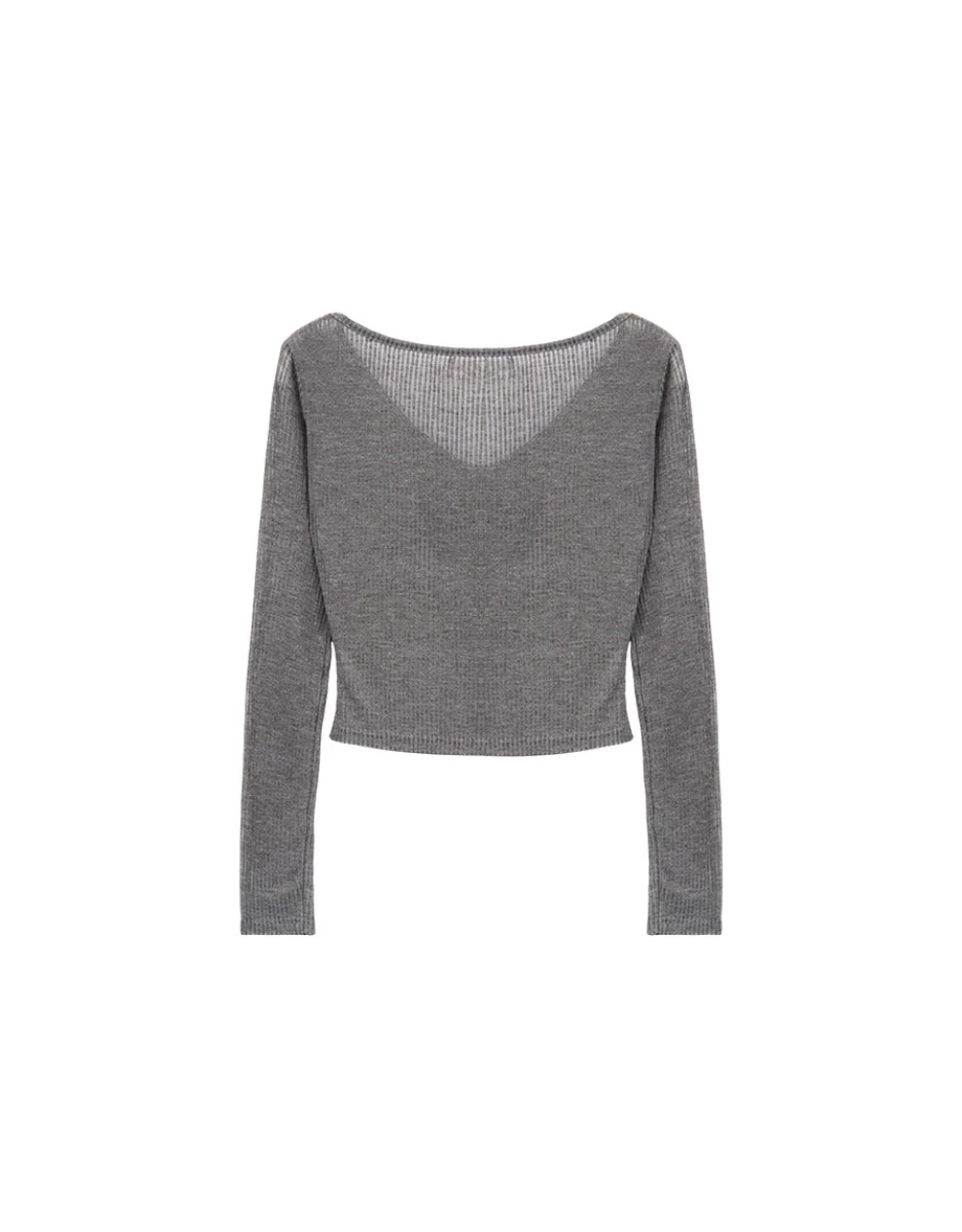 圓領長袖雙頭拉鍊開襟短版羅紋針織衫