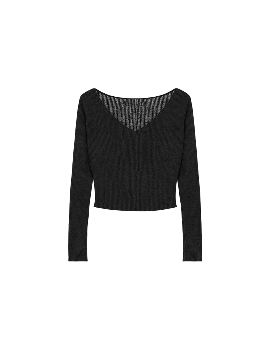 圓領長袖雙頭拉鍊開襟短版羅紋針織衫