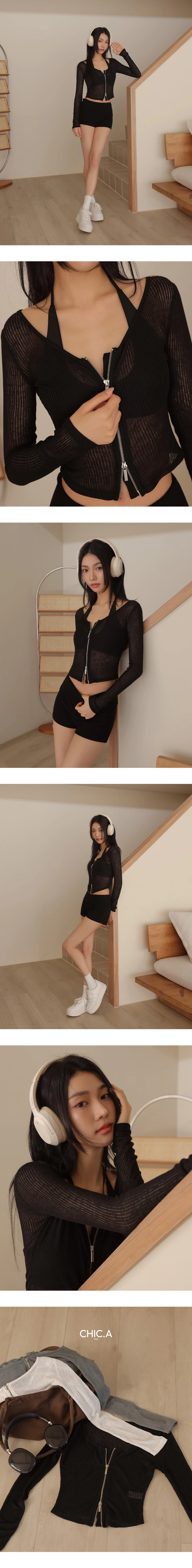 圓領長袖雙頭拉鍊開襟短版羅紋針織衫