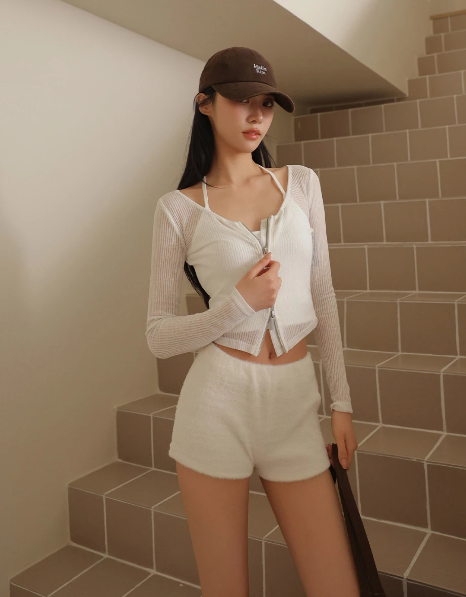 圓領長袖雙頭拉鍊開襟短版羅紋針織衫